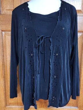 Studio 1940 Black Tie-Front Open Cardigan with Eyelet Trim With Built In Tank
